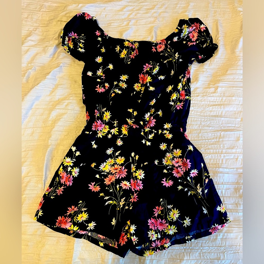 Kids Navy blue floral shorts romper